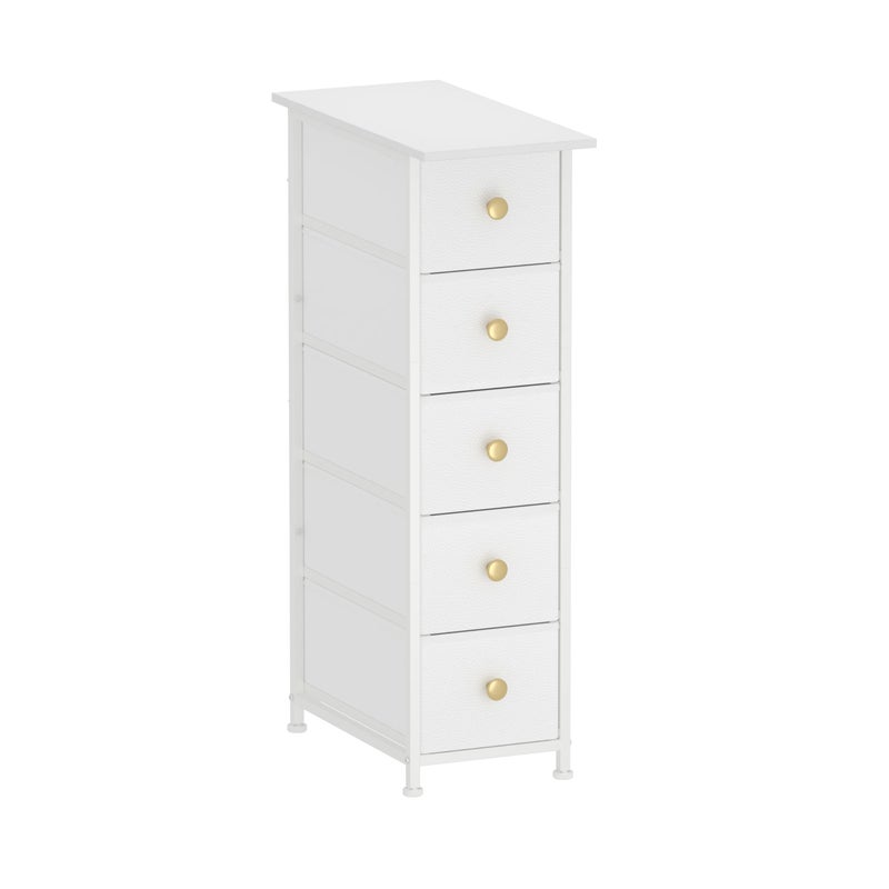 GiftGo Narrow Dresser Cabinet Vertical Slim Dresser Chest of Drawers Skinny Storage Tower for Small Spaces Gaps Closet Bedroom Bathroom Small Fabric Drawer Unit (White, 5 Drawers) - Image 1