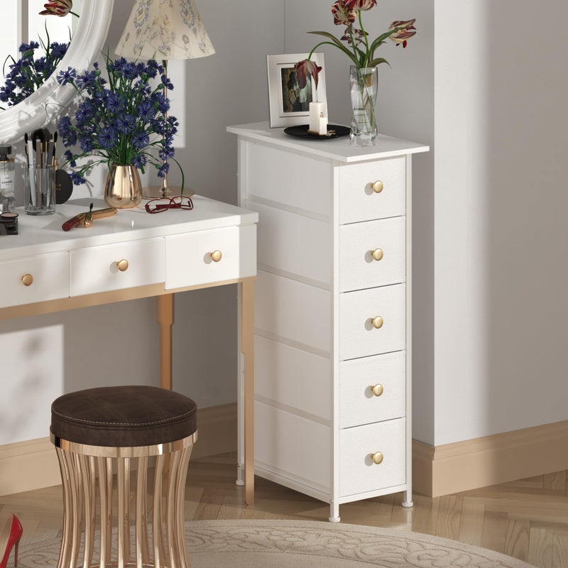 GiftGo Narrow Dresser Cabinet Vertical Slim Dresser Chest of Drawers Skinny Storage Tower for Small Spaces Gaps Closet Bedroom Bathroom Small Fabric Drawer Unit (White, 5 Drawers) - Image 2