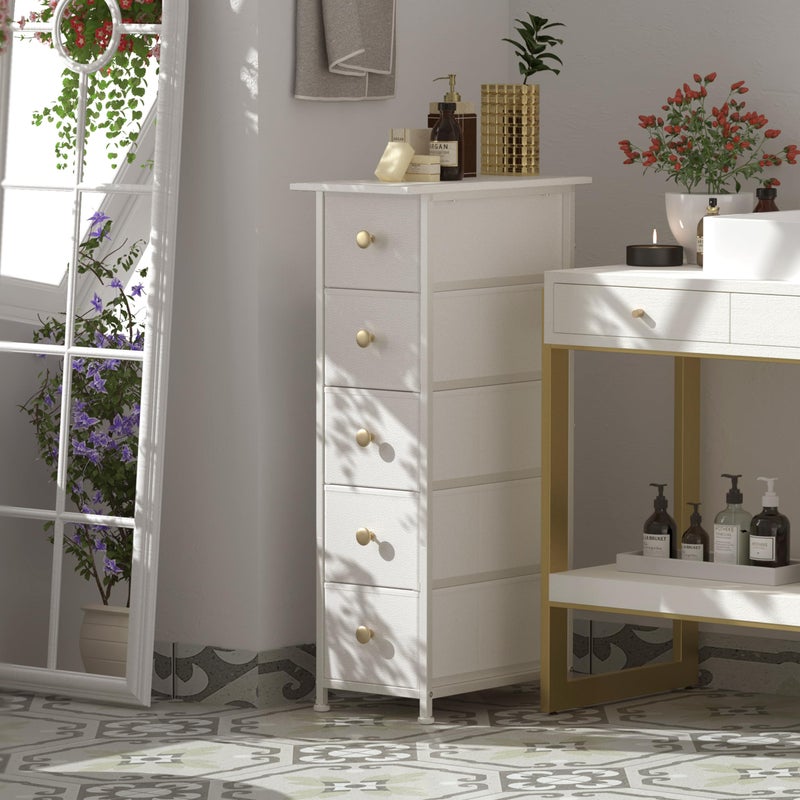 GiftGo Narrow Dresser Cabinet Vertical Slim Dresser Chest of Drawers Skinny Storage Tower for Small Spaces Gaps Closet Bedroom Bathroom Small Fabric Drawer Unit (White, 5 Drawers) - Image 5
