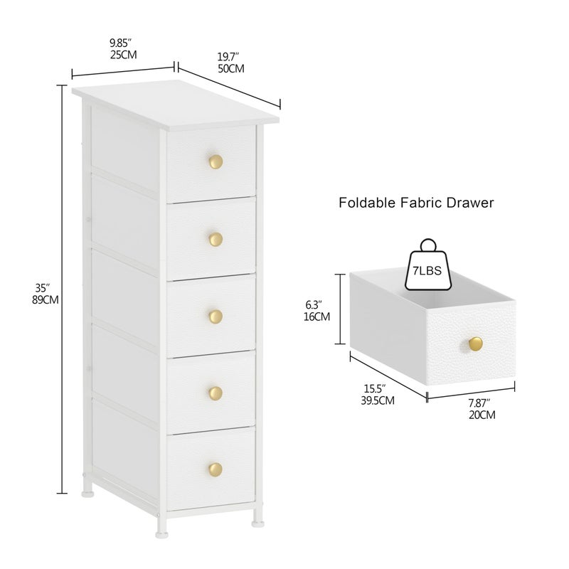 GiftGo Narrow Dresser Cabinet Vertical Slim Dresser Chest of Drawers Skinny Storage Tower for Small Spaces Gaps Closet Bedroom Bathroom Small Fabric Drawer Unit (White, 5 Drawers) - Image 3
