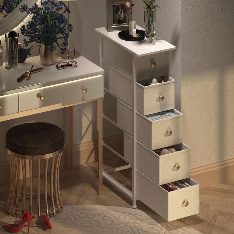 GiftGo Narrow Dresser Cabinet Vertical Slim Dresser Chest of Drawers Skinny Storage Tower for Small Spaces Gaps Closet Bedroom Bathroom Small Fabric Drawer Unit (White, 5 Drawers) - Image 4