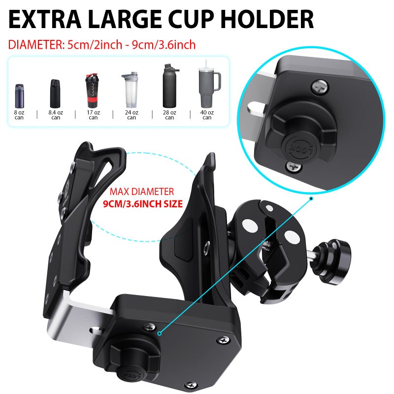 Mathtoxyz Extra Large Motorcycle Cup Holder, Drink Holder Universal Size Handlebar Bike Bottle Cage, for Motorcycle, Bicycle, Stroller, Handlebar - Image 2