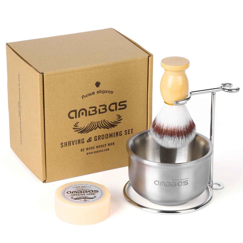 Anbbas Faux Badger Shaving Brush,Stainless Steel Shaving Razor and Brush Stand, Shaving Bowl and 100g Natural Soap Puck Refill,4in1 Wet Shave Kit for Men - Image 1