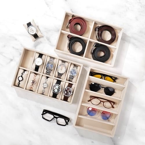 La Trove Combo Organizer Tray Set of 3 (Cream) | Drawer Storage for Watches, Sunglasses & Belts | Jewelry & Accessories Organizer for Men & Women - Image 2