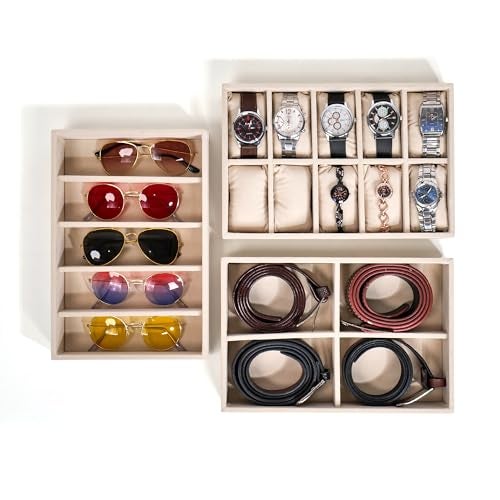 La Trove Combo Organizer Tray Set of 3 (Cream) | Drawer Storage for Watches, Sunglasses & Belts | Jewelry & Accessories Organizer for Men & Women - Image 1