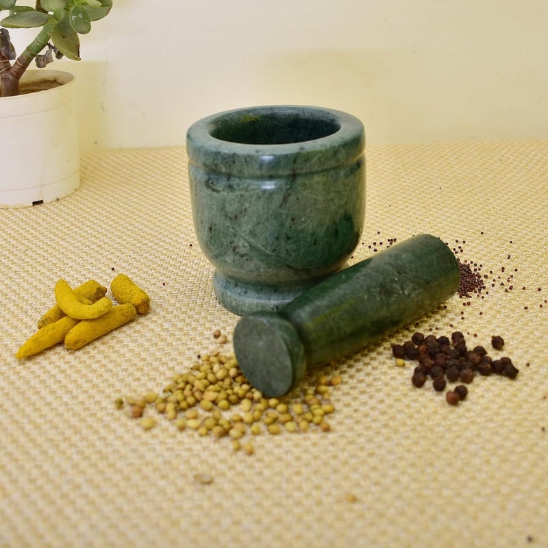KunhaR Natural green Marble Mortar and Pestle Set Imam Dasta Ohkli Musal Kharal 4 x 4 Inches GreenFull Polish - Image 1