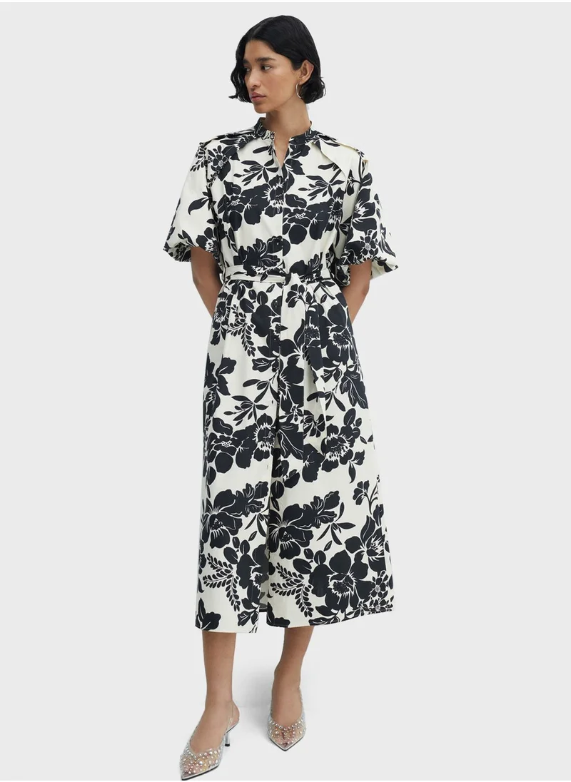 مانجو Floral Print Balloon Sleeve Tie Detailed Dress