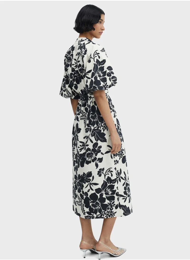 مانجو Floral Print Balloon Sleeve Tie Detailed Dress