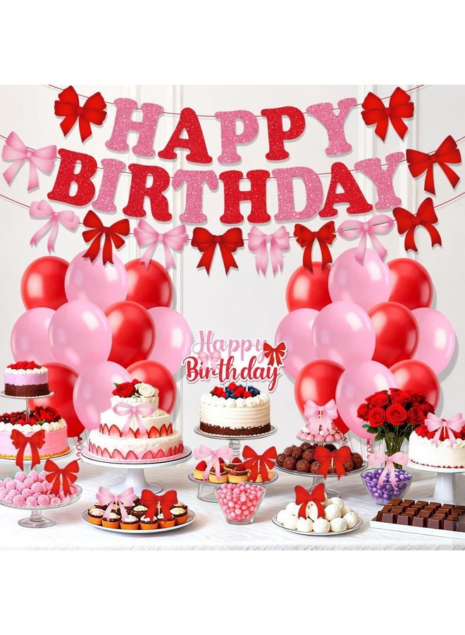 Innovoscape Red Bow Birthday Party Decorations Banner Red Pink Bow Happy Birthday Banner - Image 2