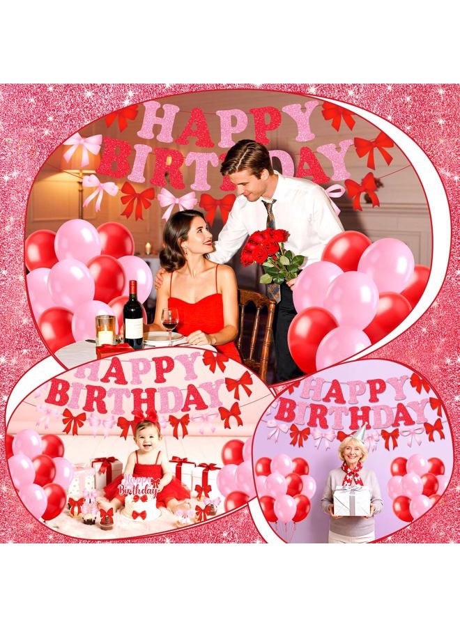 Innovoscape Red Bow Birthday Party Decorations Banner Red Pink Bow Happy Birthday Banner - Image 3