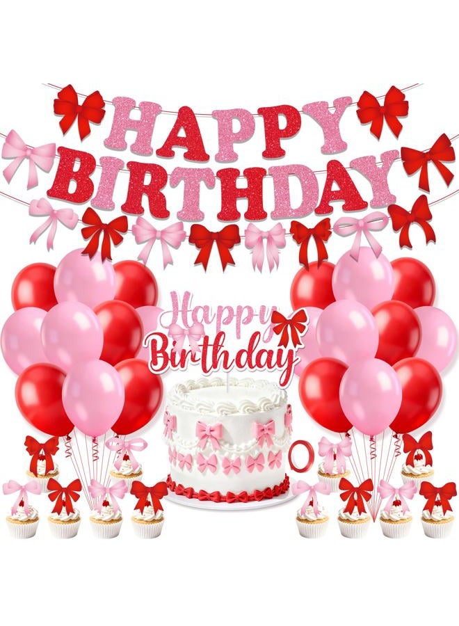 Innovoscape Red Bow Birthday Party Decorations Banner Red Pink Bow Happy Birthday Banner - Image 1