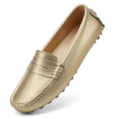Artisure Women's Classic Handsewn Gold Genuine Leather Penny Loafers Driving Moccasins Casual Boat Shoes Slip On Fashion Office Comfort Flats 6.5 M US SKS-1221JIN065 - Image 1