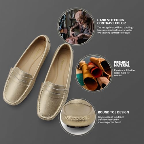Artisure Women's Classic Handsewn Gold Genuine Leather Penny Loafers Driving Moccasins Casual Boat Shoes Slip On Fashion Office Comfort Flats 6.5 M US SKS-1221JIN065 - Image 3