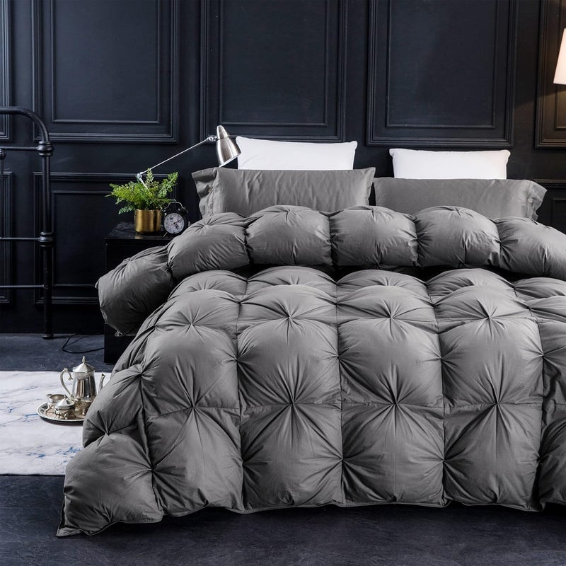 Three Geese Pinch Pleat Waterfowl Feathers and Down Comforter Twin Size Duvet Insert,750+ Fill Power,1200TC 100% Cotton, Premium All Seasons Gray Warm Hotel Comforter with 8 Tabs. - Image 1