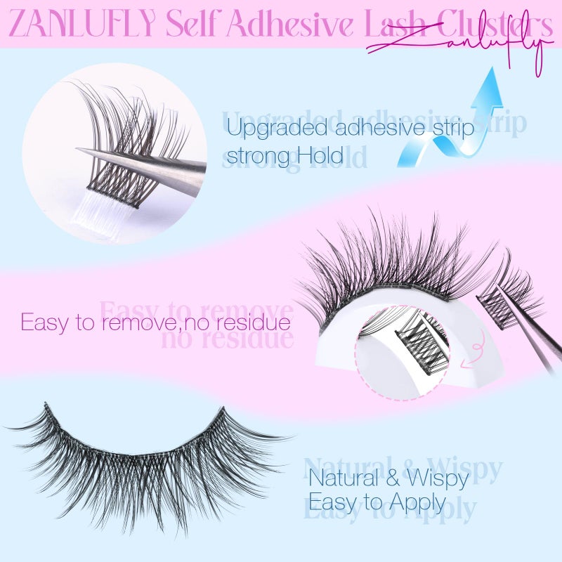 zanlufly Self Adhesive Eyelashes Natural Self Adhesive Lash Clusters Pre glued Eyelash Clusters zanlufly No Glue Needed Lashes Wispy C-curly Cluster Eyelash extensions 10-16MM Individual Lashes - Image 2