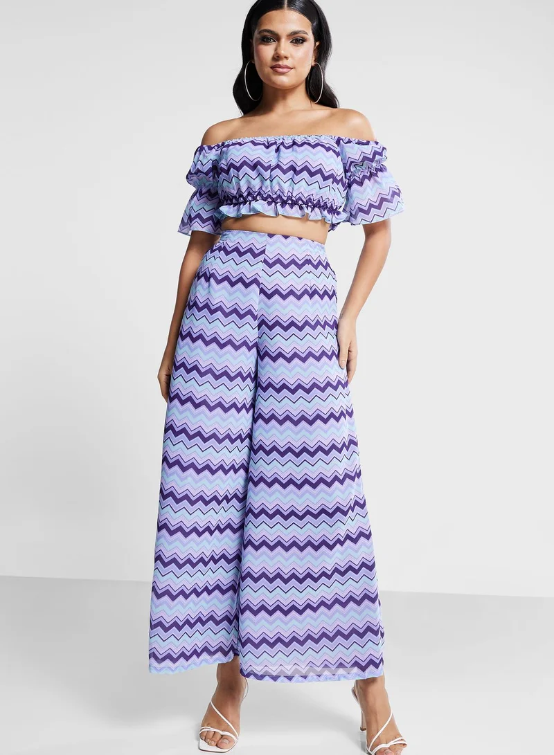 indya Printed Bardot Crop Top & Palazzo Pants Set