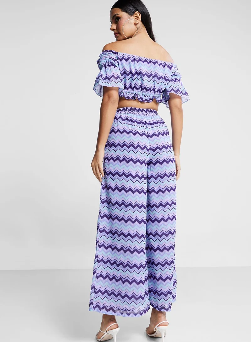 indya Printed Bardot Crop Top & Palazzo Pants Set