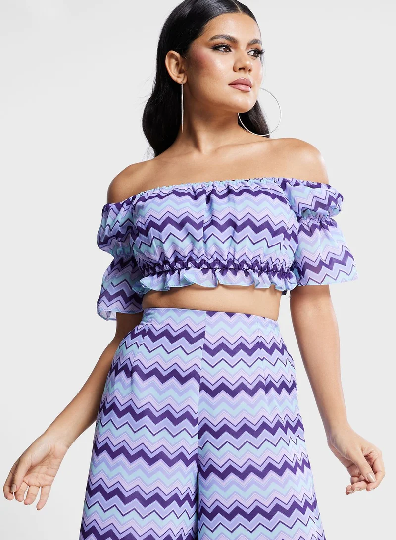 indya Printed Bardot Crop Top & Palazzo Pants Set