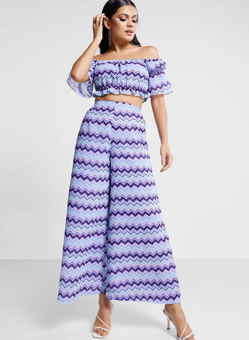 indya Printed Bardot Crop Top & Palazzo Pants Set