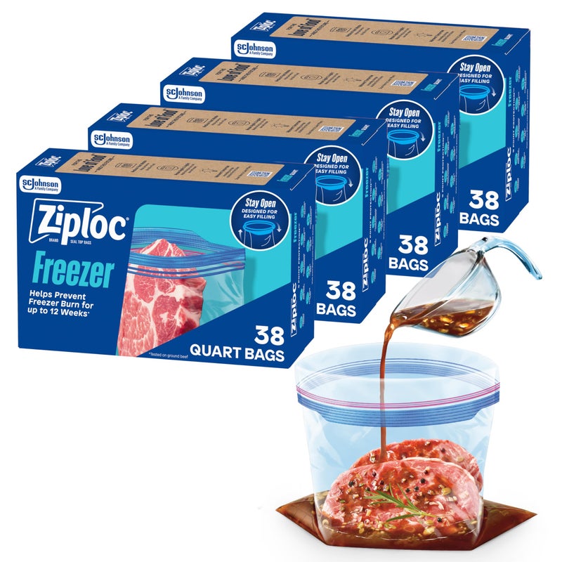 Ziploc Quart Food Storage Freezer Bags, 152ct Total, Stand-Up Bottom, Easy to Fill, 38 Count, 4 Pack - Image 1