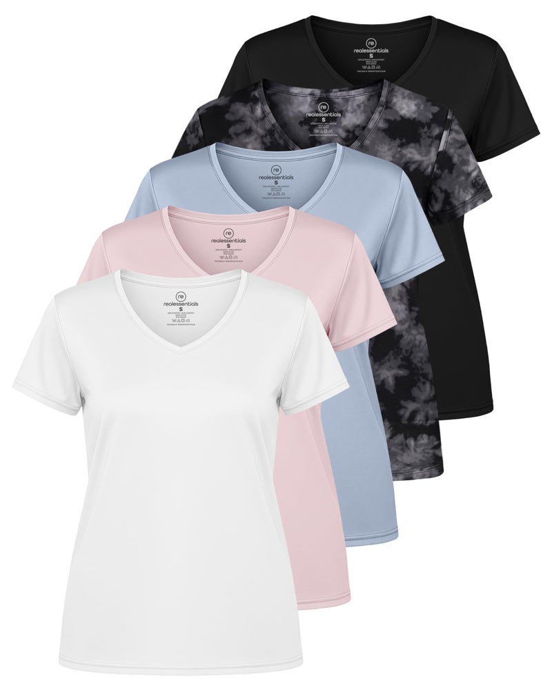 REALESSENTIALS Real Essentials 5 Pack Womens DryFit Short Sleeve V Neck T Shirt Workout Fitness Yoga Top Tee Set 16 S - Image 2