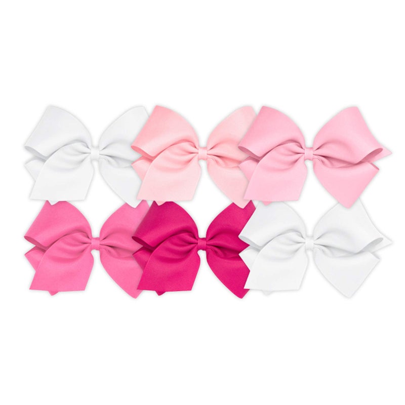 Wee Ones Girls 6 Piece Set of Bows Solid Grosgrain Variety Pack on a WeeStay NoSlip Hair Clip King White Light Pink Pearl Hot Pink Shocking Pink