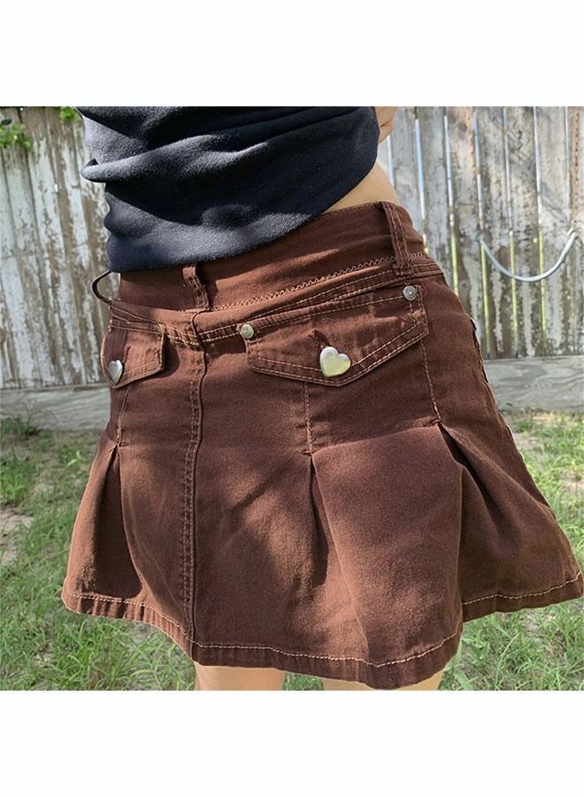 NIBEMINENT Women's Fashion Denim Skirt Built in Shorts at Pleated Hem Y2K High Waist A Line Mini  - Image 5