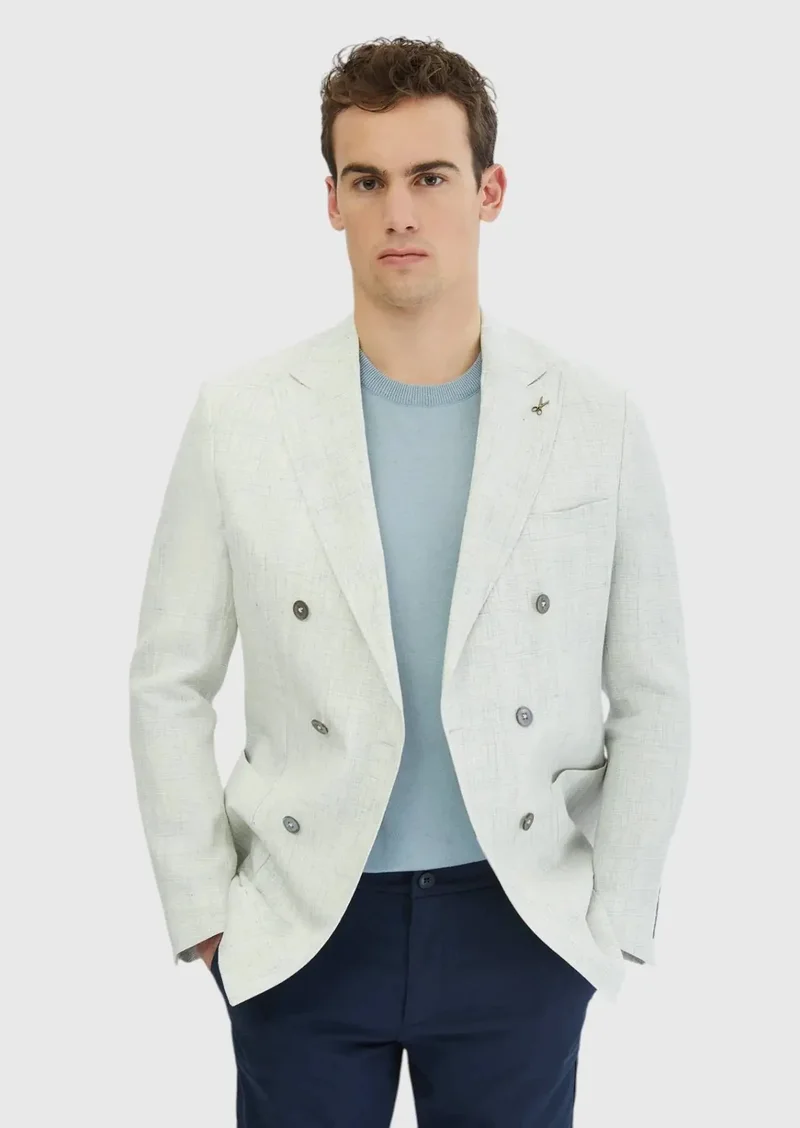 RAMSEY Light Grey Patterned Zeroweight Slim Fit 100% Linen Jacket