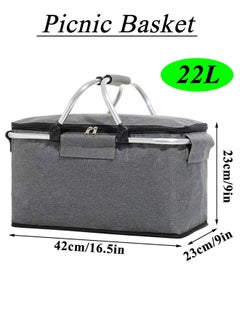 Qiccijoo Qiccijoo Picnic Basket 22L Portable Collapsible Cooler Bag Grocery Bag Shopping Basket with Aluminium Handles for Shopping, Travel, Camping (Grey)  - Image 2