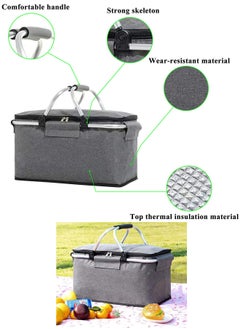Qiccijoo Qiccijoo Picnic Basket 22L Portable Collapsible Cooler Bag Grocery Bag Shopping Basket with Aluminium Handles for Shopping, Travel, Camping (Grey)  - Image 3