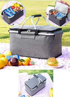 Qiccijoo Qiccijoo Picnic Basket 22L Portable Collapsible Cooler Bag Grocery Bag Shopping Basket with Aluminium Handles for Shopping, Travel, Camping (Grey)  - Image 4