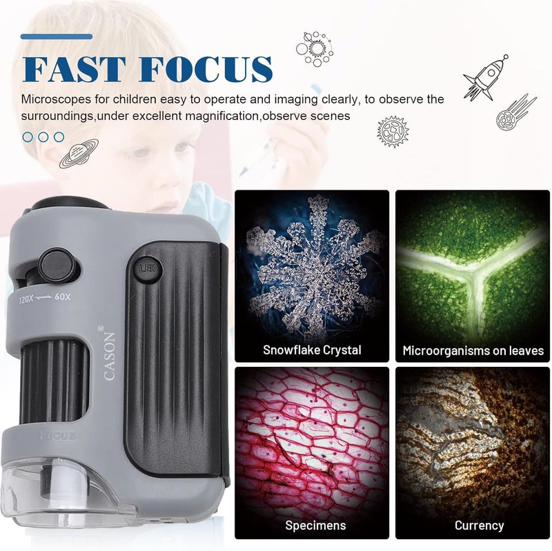 C DEVICE ميكروسكوب جيب بروفيشنال كاسون 60X-120X مع 5 شرائح معدة، ميكروسكوب مصغر مضاء LED للأطفال، الطلاب، ميكروسكوب مختبري محمول للتعلم، التعليم واستكشاف العلوم - Image 4