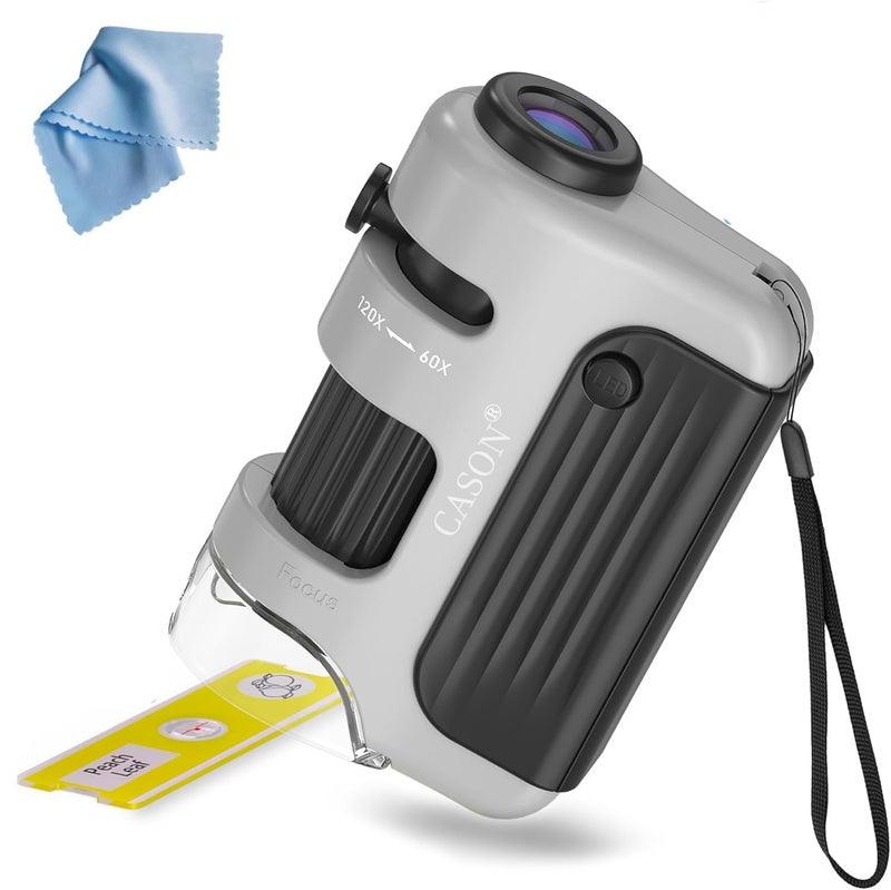 C DEVICE ميكروسكوب جيب بروفيشنال كاسون 60X-120X مع 5 شرائح معدة، ميكروسكوب مصغر مضاء LED للأطفال، الطلاب، ميكروسكوب مختبري محمول للتعلم، التعليم واستكشاف العلوم - Image 1