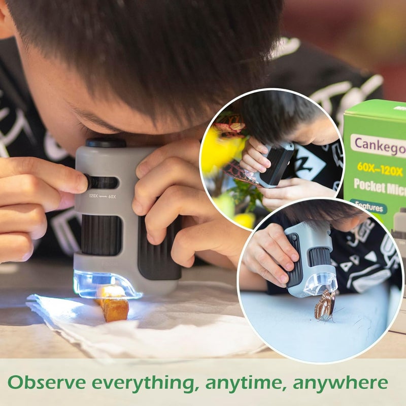 C DEVICE ميكروسكوب جيب بروفيشنال كاسون 60X-120X مع 5 شرائح معدة، ميكروسكوب مصغر مضاء LED للأطفال، الطلاب، ميكروسكوب مختبري محمول للتعلم، التعليم واستكشاف العلوم - Image 2