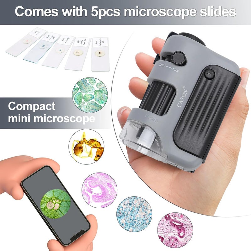 C DEVICE ميكروسكوب جيب بروفيشنال كاسون 60X-120X مع 5 شرائح معدة، ميكروسكوب مصغر مضاء LED للأطفال، الطلاب، ميكروسكوب مختبري محمول للتعلم، التعليم واستكشاف العلوم - Image 3