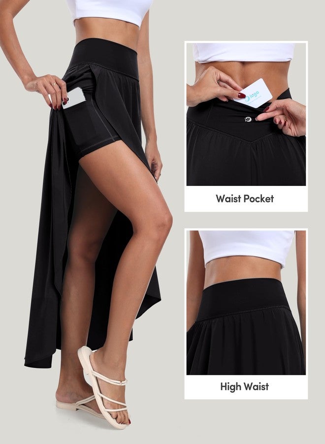 IUGA High Waist Maxi Skirt with Slit Ruffle Wrap Skirt Trendy Flowy Skirts for Women Long Skirts with Shorts Underneath Black - Image 3