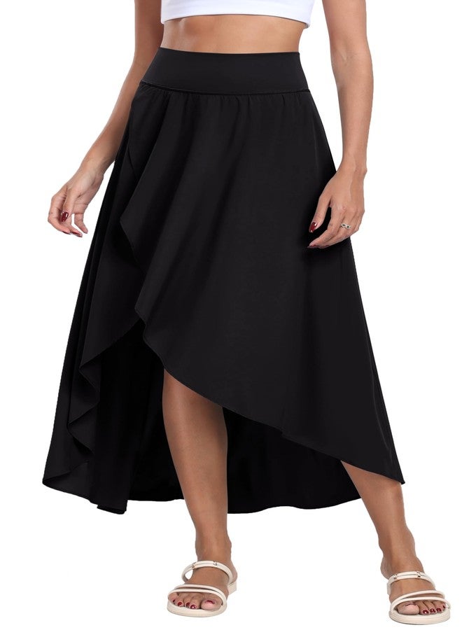 IUGA High Waist Maxi Skirt with Slit Ruffle Wrap Skirt Trendy Flowy Skirts for Women Long Skirts with Shorts Underneath Black - Image 1