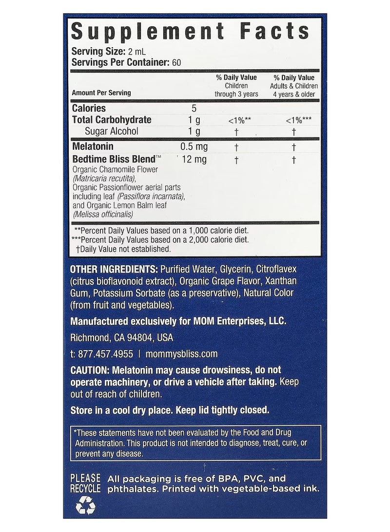 Mommy's Bliss Melatonin Children's Sleep Liquid for Kids Ages 3+ Natural Grape 4 fl oz 120 ml - Image 2