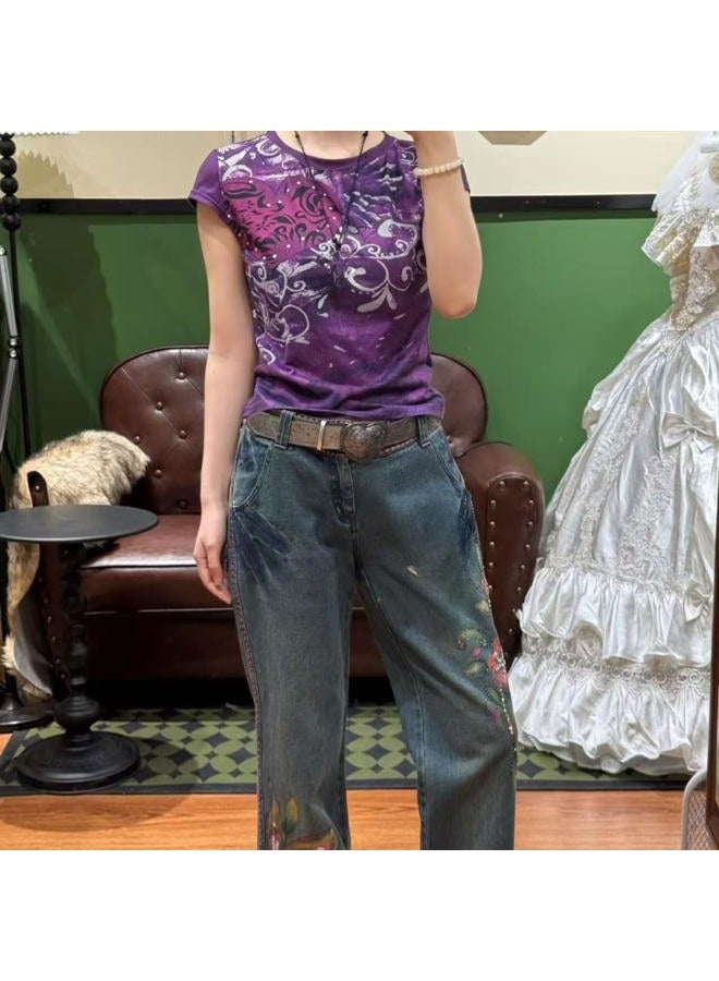 RICHTRUE Emo Grunge Shirt Y2k Goth Short Sleeve Top 2000s Harajuku Fashion Mcbling Vintage Graphic Streetwear Women Tops, Purple White Flower, S - Image 5