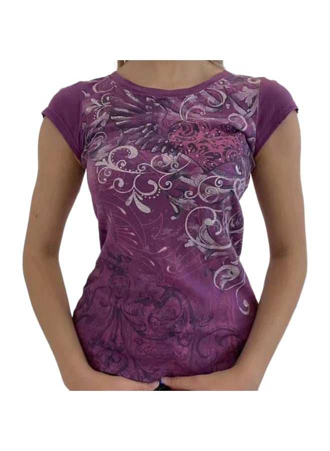 RICHTRUE Emo Grunge Shirt Y2k Goth Short Sleeve Top 2000s Harajuku Fashion Mcbling Vintage Graphic Streetwear Women Tops, Purple White Flower, S - Image 2