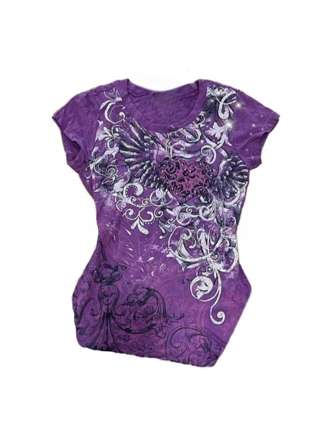 RICHTRUE Emo Grunge Shirt Y2k Goth Short Sleeve Top 2000s Harajuku Fashion Mcbling Vintage Graphic Streetwear Women Tops, Purple White Flower, S - Image 1