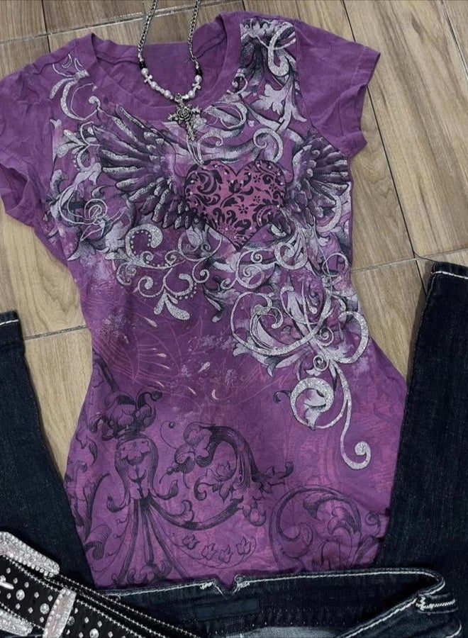 RICHTRUE Emo Grunge Shirt Y2k Goth Short Sleeve Top 2000s Harajuku Fashion Mcbling Vintage Graphic Streetwear Women Tops, Purple White Flower, S - Image 3