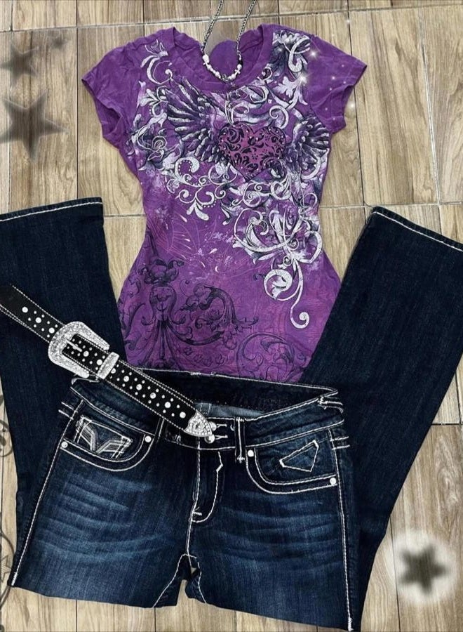RICHTRUE Emo Grunge Shirt Y2k Goth Short Sleeve Top 2000s Harajuku Fashion Mcbling Vintage Graphic Streetwear Women Tops, Purple White Flower, S - Image 4