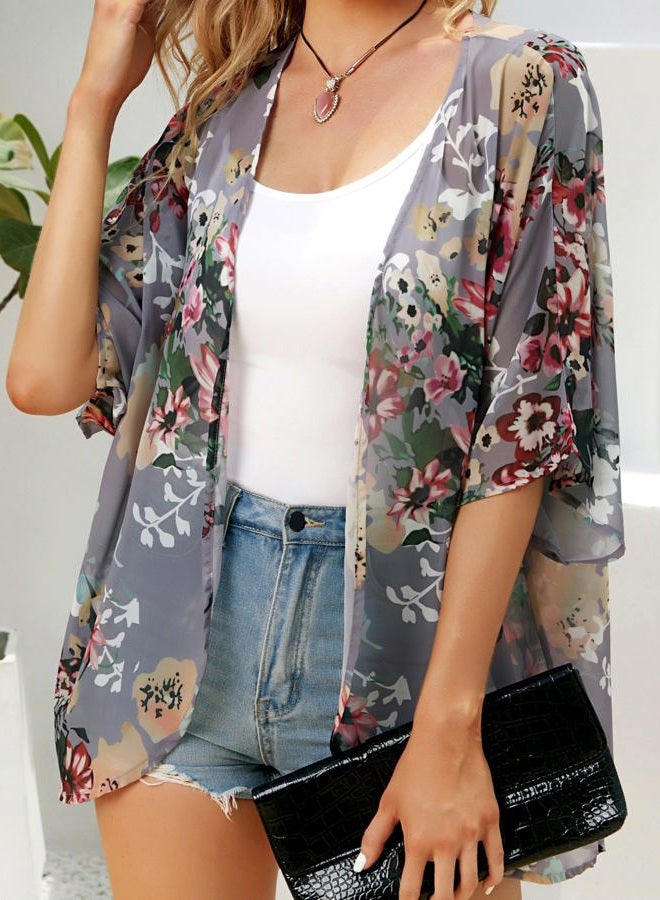 CHICGAL Women's Floral Print Puff Sleeve Kimono Cardigan Loose Cover Up Casual Blouse Tops, Dark Grey, L - Image 4