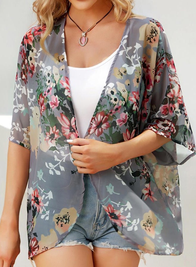 CHICGAL Women's Floral Print Puff Sleeve Kimono Cardigan Loose Cover Up Casual Blouse Tops, Dark Grey, L - Image 5