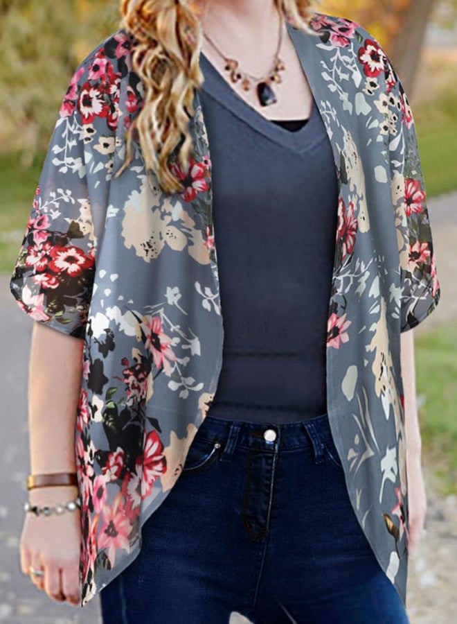 CHICGAL Women's Floral Print Puff Sleeve Kimono Cardigan Loose Cover Up Casual Blouse Tops, Dark Grey, L - Image 3