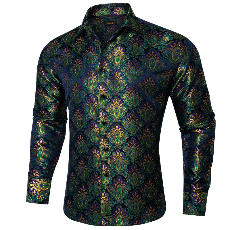 DiBanGu Mens Silk Paisley Dress Shirts,Long Sleeve Button Down Shirt Casual Regular Fit Shirt for Men Wedding Party, Green and Gold, Medium - Image 2