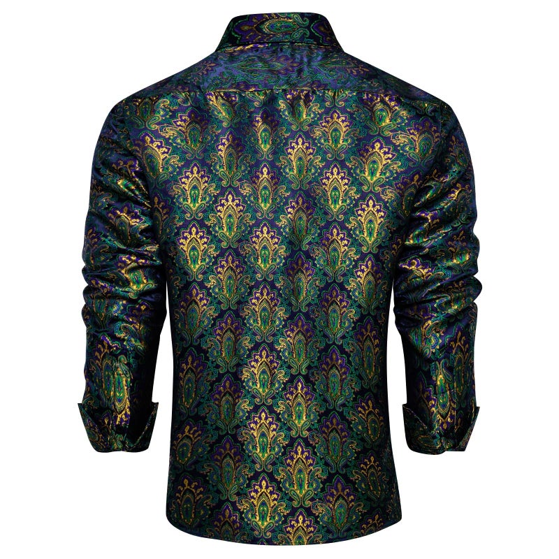 DiBanGu Mens Silk Paisley Dress Shirts,Long Sleeve Button Down Shirt Casual Regular Fit Shirt for Men Wedding Party, Green and Gold, Medium - Image 3