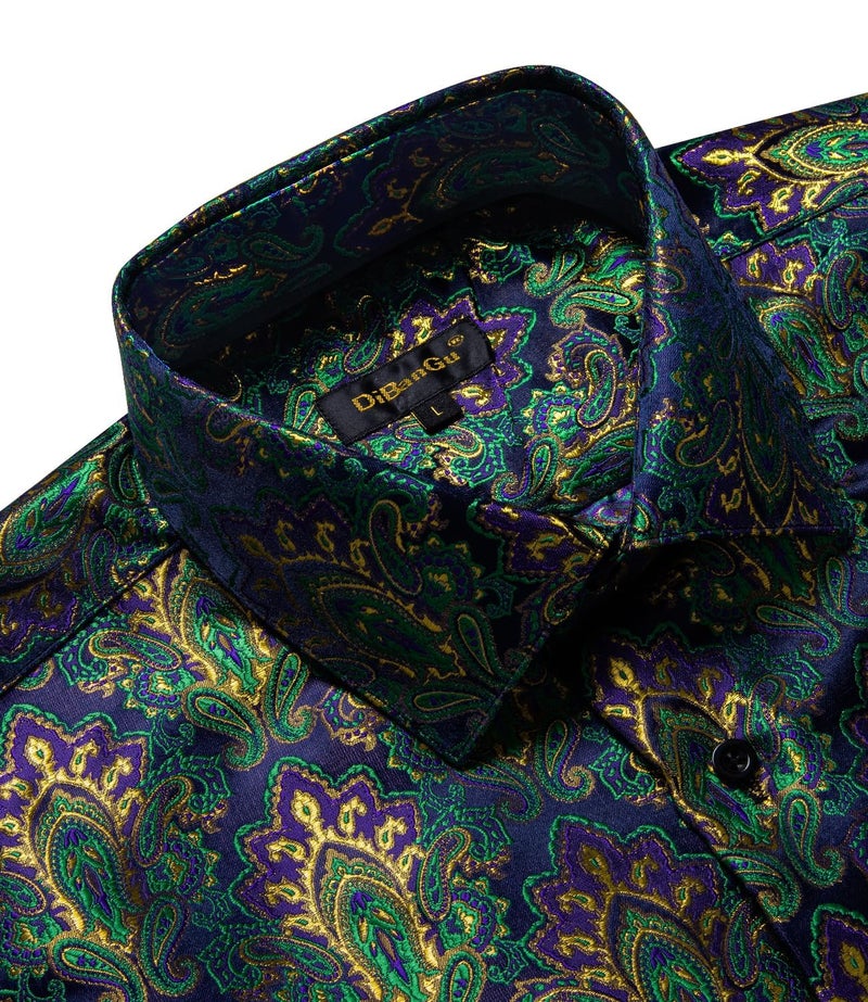 DiBanGu Mens Silk Paisley Dress Shirts,Long Sleeve Button Down Shirt Casual Regular Fit Shirt for Men Wedding Party, Green and Gold, Medium - Image 5
