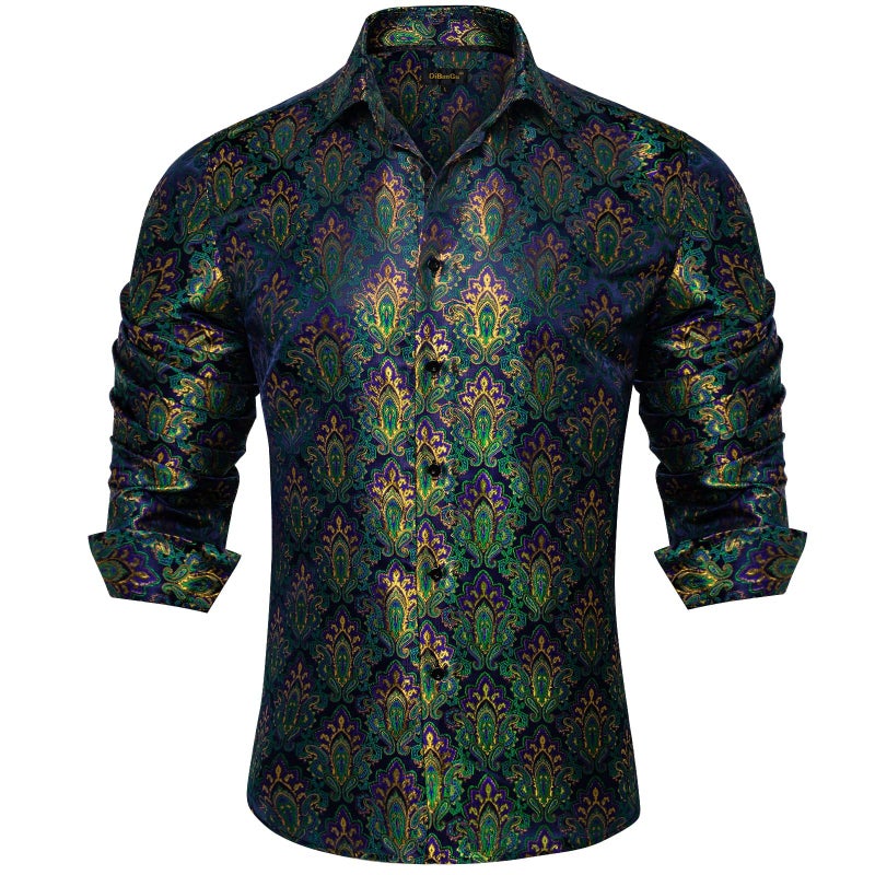 DiBanGu Mens Silk Paisley Dress Shirts,Long Sleeve Button Down Shirt Casual Regular Fit Shirt for Men Wedding Party, Green and Gold, Medium - Image 1